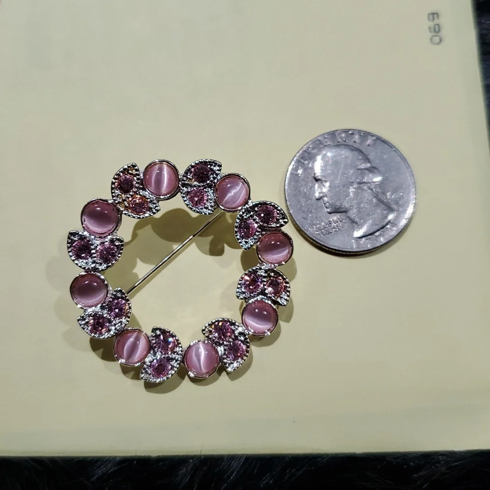 Elegant Pink Gems Floral Wreath Brooch Silver Tone Mothers Bridal